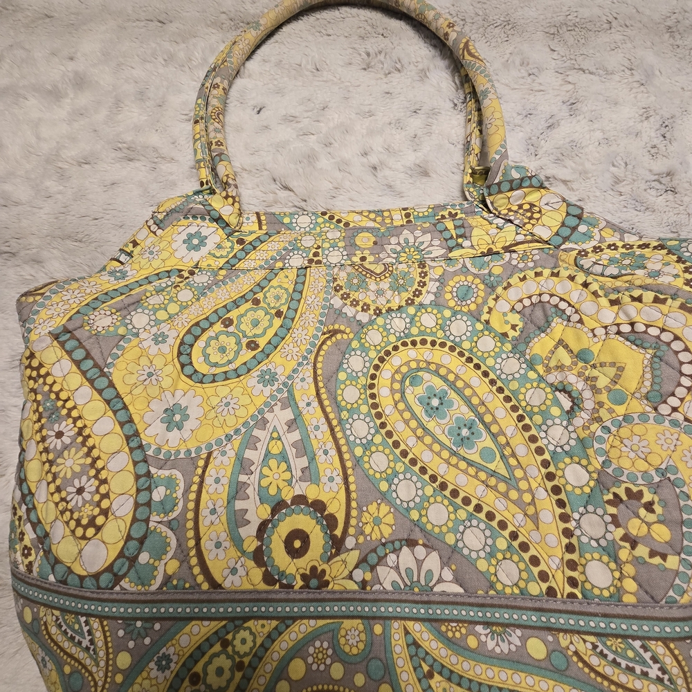 Vera Bradley Paisley Tote Bag - Yellow Gray Green Floral Zip Closure